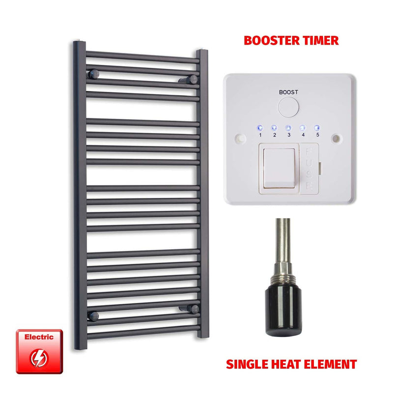 Single Heat Element + Booster Timer 550 x 1000 Flat Black Pre-Filled Electric Heated Towel Rail