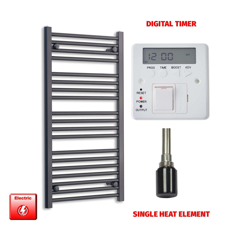 Single Heat Element + Digital Timer 550 x 1000 Flat Black Pre-Filled Electric Heated Towel Rail