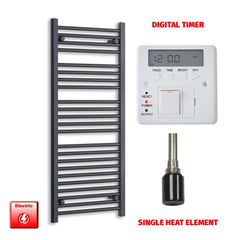 Single Heat Element + Digital Timer 550 x 1200 Flat Black Pre-Filled Electric Heated Towel Rail