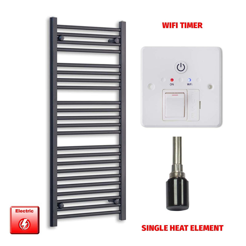 Single Heat Element + Wifi Timer 550 x 1200 Flat Black Pre-Filled Electric Heated Towel Rail