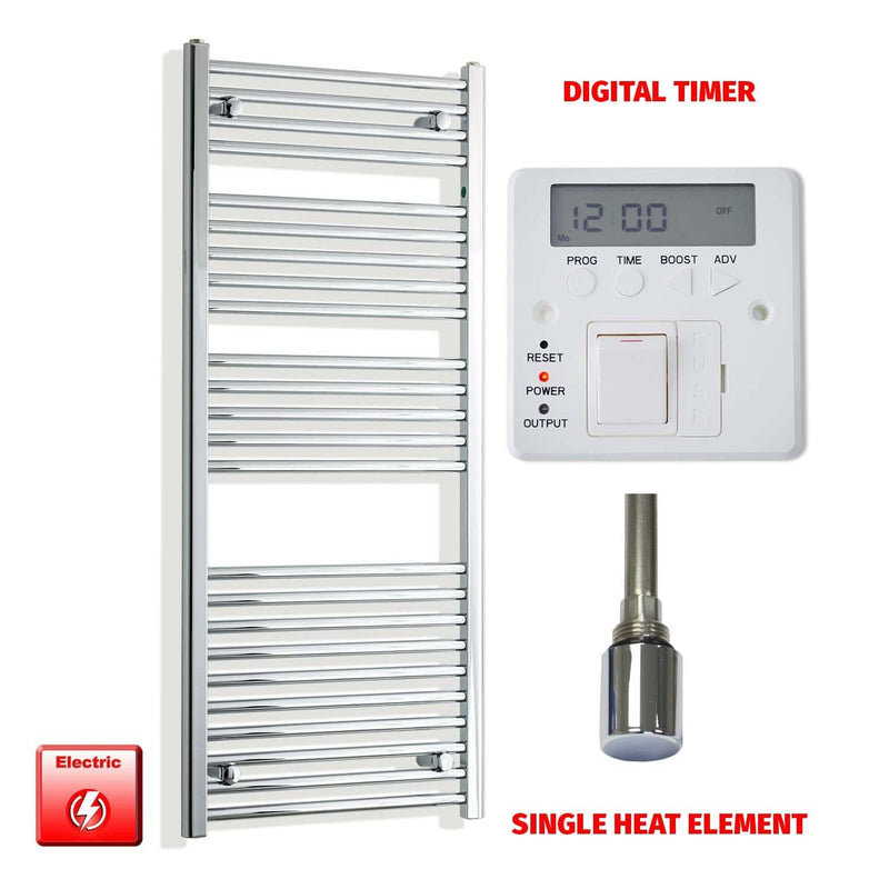 Single Heat Element + Digital Timer 550 x 1300 Pre-Filled Electric Heated Towel Rail Chrome HTR