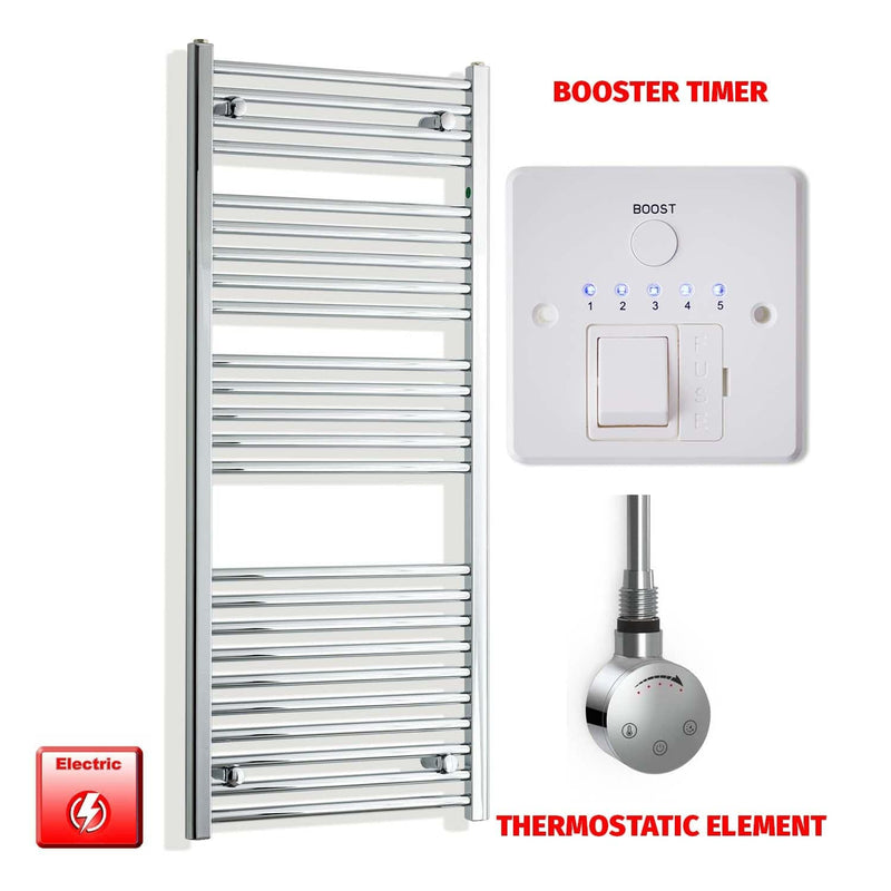 Thermostatic Element + Booster Timer 550 x 1300 Pre-Filled Electric Heated Towel Rail Chrome HTR