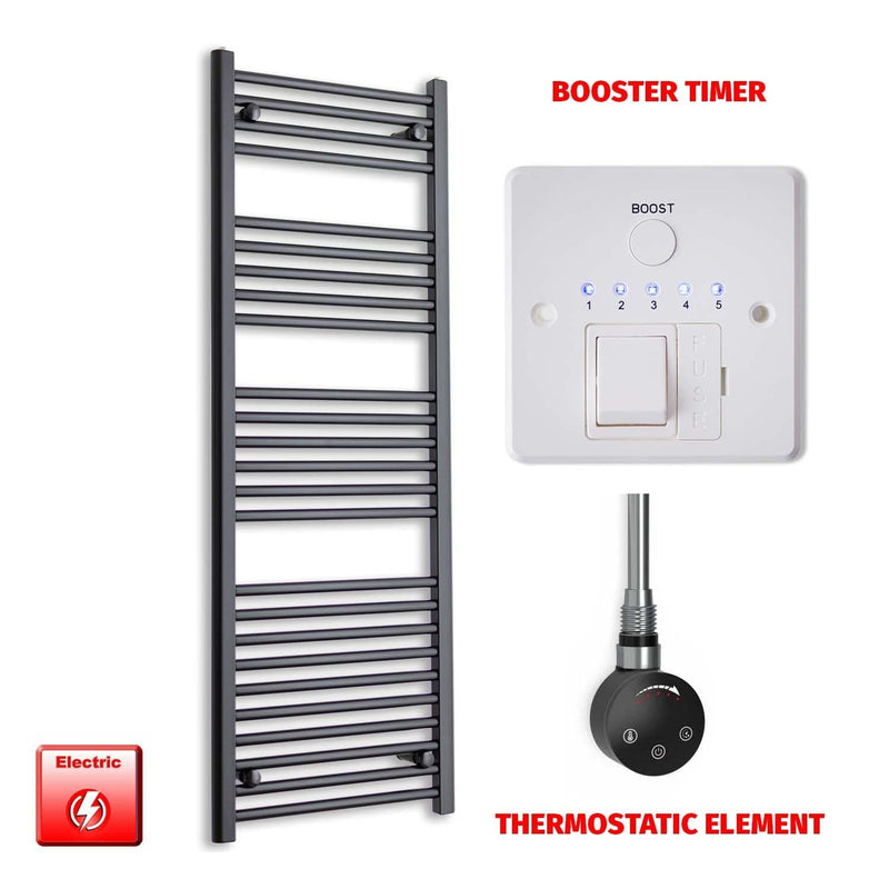 Thermostatic Element + Booster Timer 550 x 1400 Flat Black Pre-Filled Electric Heated Towel Rail HTR