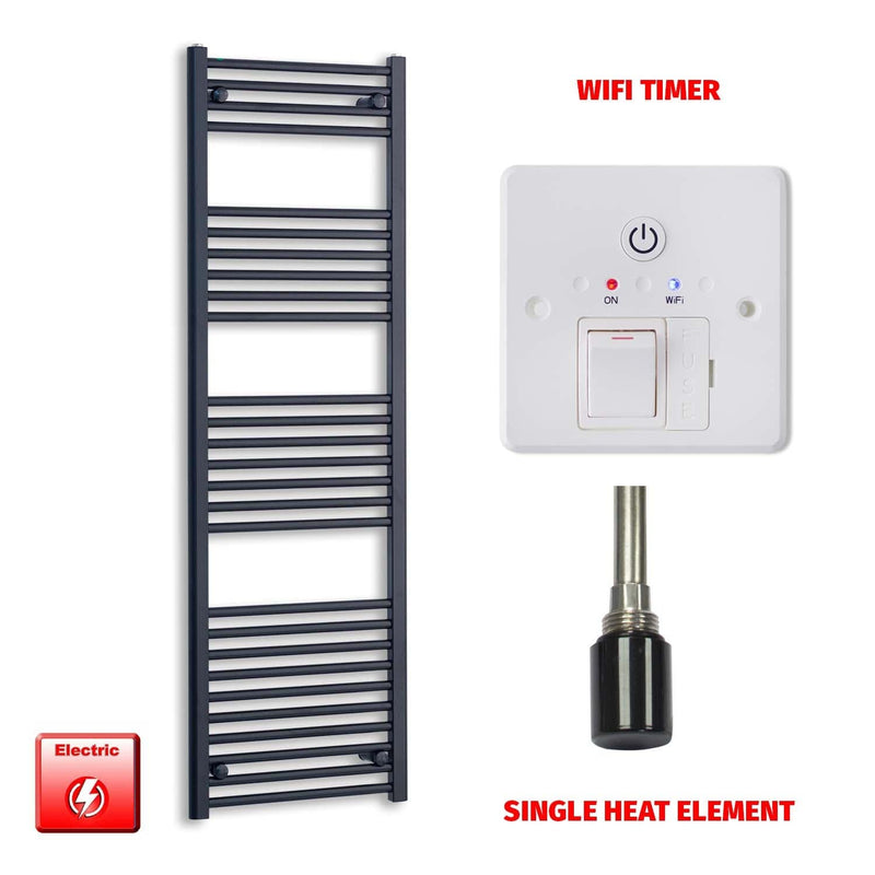 Single Heat Element + Wifi Timer 550 x 1600 Flat Black Pre-Filled Electric Heated Towel Rail