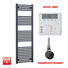 Thermostatic Element + Digital Timer 550 x 1600 Flat Black Pre-Filled Electric Heated Towel Rail