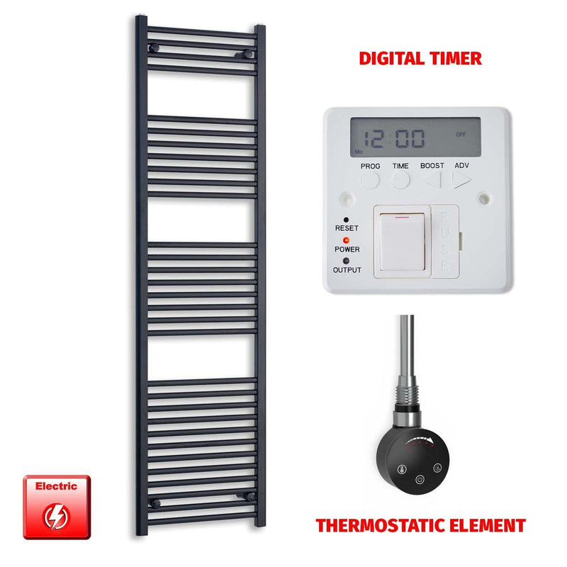 Thermostatic Element + Digital Timer 550 x 1800 Flat Black Pre-Filled Electric Heated Towel Rail