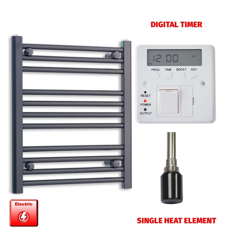 Single Heat Element + Digital Timer 550 x 600 Flat Black Pre-Filled Electric Heated Towel Rail