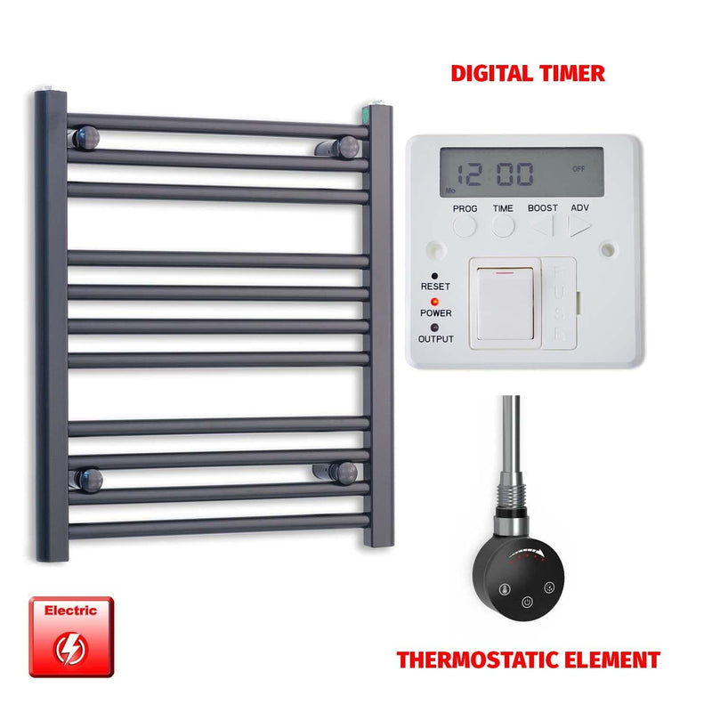 Thermostatic Element + Digital Timer 550 x 600 Flat Black Pre-Filled Electric Heated Towel Rail