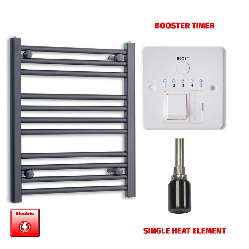 Single Heat Element + Booster Timer 550 x 600 Flat Black Pre-Filled Electric Heated Towel Rail