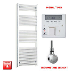 Thermostatic Element + Digital Timer 550mm Wide 1800mm High Electric Heated Towel Rail Chrome
