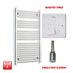 Single Heat Element + Booster Timer 550mm x 1200mm Flat Chrome Pre-Filled Electric Towel Rail