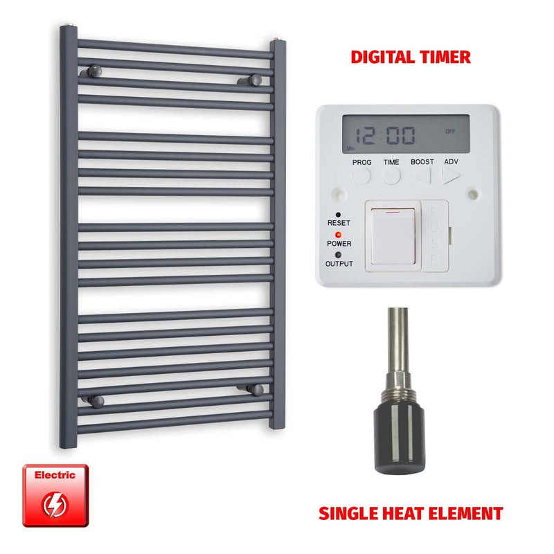Single Heat Element + Digital Timer 600 x 1000 Flat Anthracite Pre-Filled Electric Towel Rail