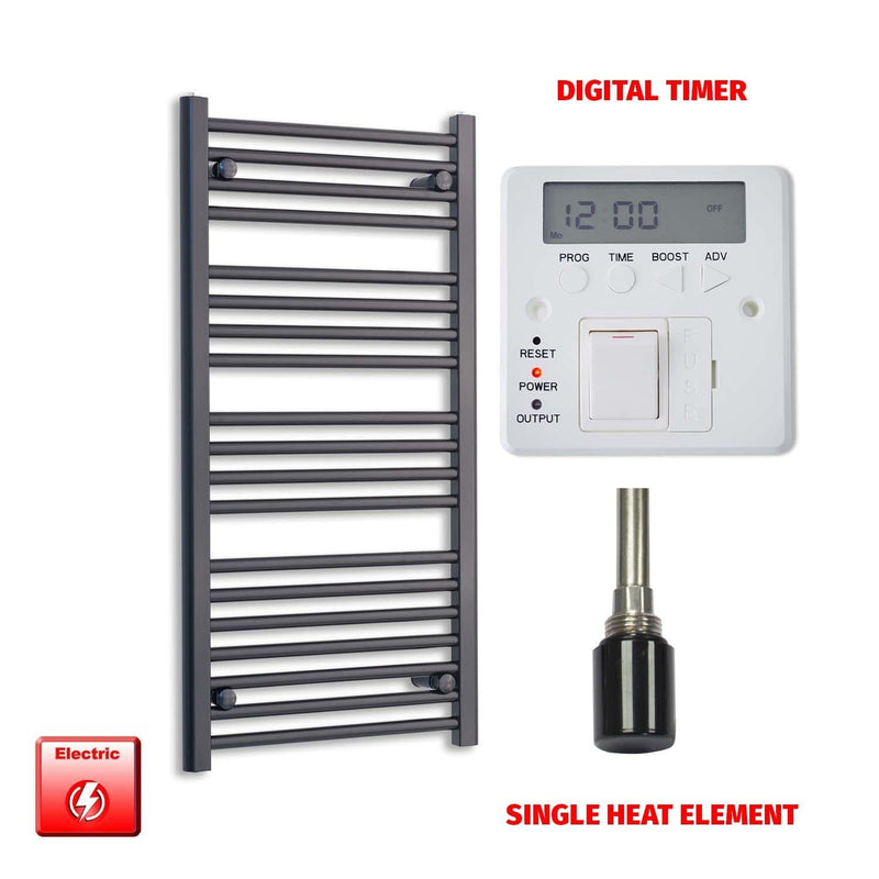 Single Heat Element + Digital Timer 600 x 1000 Flat Black Pre-Filled Electric Heated Towel Rail