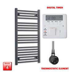 Thermostatic Element + Digital Timer 600 x 1000 Flat Black Pre-Filled Electric Heated Towel Rail