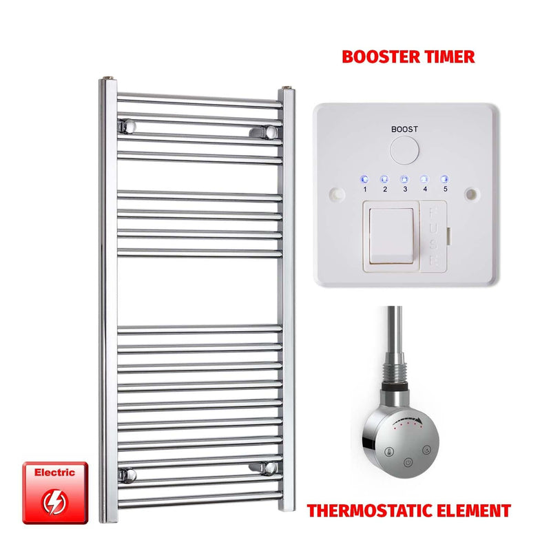 Straight / Thermostatic Element + Booster Timer 600 x 1000 Flat Chrome Pre-Filled Electric Heated Towel Rail