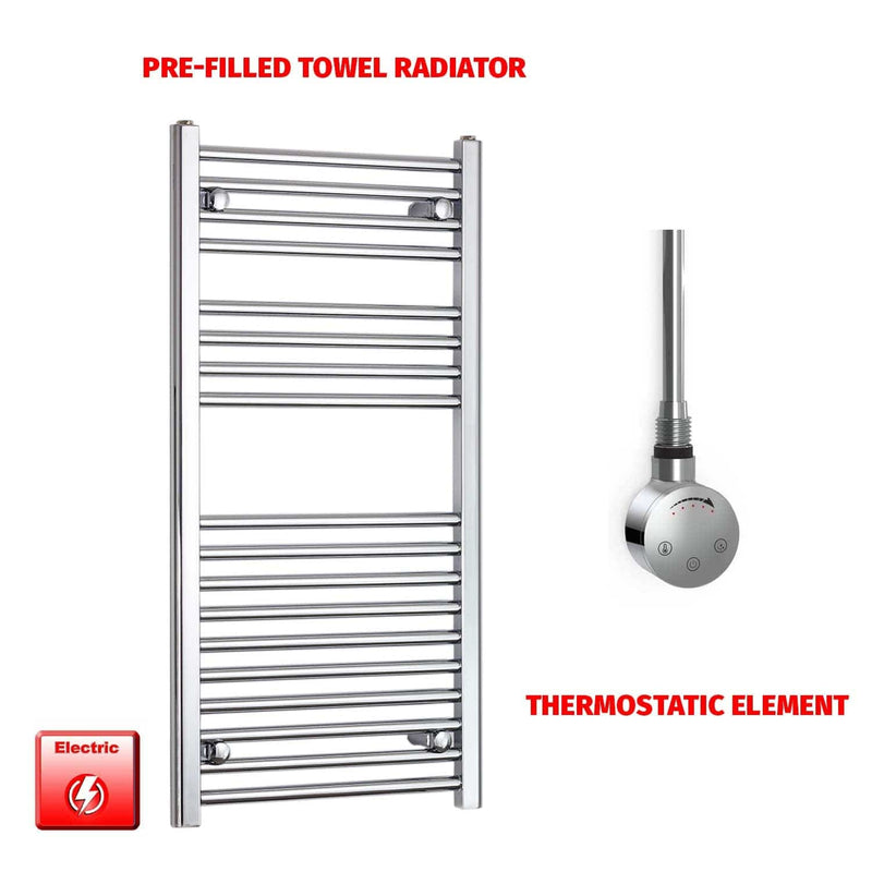 Straight / Thermostatic Element 600 x 1000 Flat Chrome Pre-Filled Electric Heated Towel Rail