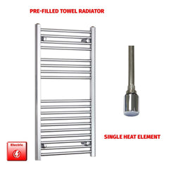 Straight / Single Heat Element 600 x 1000 Flat Chrome Pre-Filled Electric Heated Towel Rail