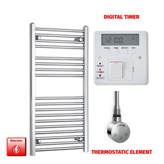 Straight / Thermostatic Element + Digital Timer 600 x 1000 Flat Chrome Pre-Filled Electric Heated Towel Rail