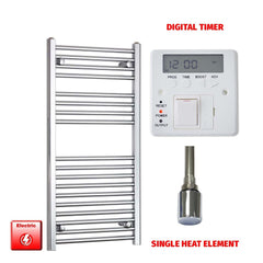 Straight / Single Heat Element + Digital Timer 600 x 1000 Flat Chrome Pre-Filled Electric Heated Towel Rail