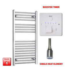 Straight / Single Heat Element + Booster Timer 600 x 1000 Flat Chrome Pre-Filled Electric Heated Towel Rail