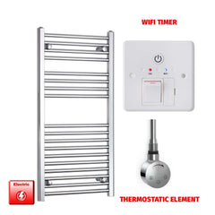 Straight / Thermostatic Element + Wifi Timer 600 x 1000 Flat Chrome Pre-Filled Electric Heated Towel Rail