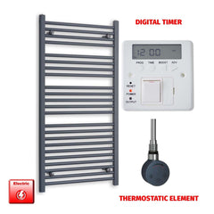 Thermostatic Element + Digital Timer 600 x 1200 Flat Anthracite Pre-Filled Electric Towel Rail