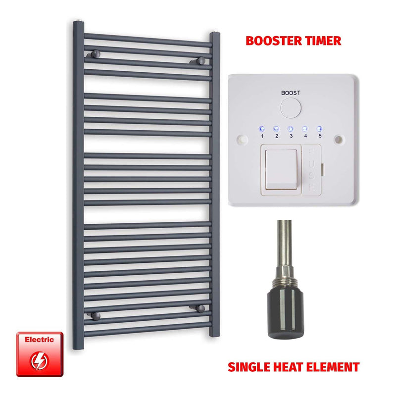 Single Heat Element + Booster Timer 600 x 1200 Flat Anthracite Pre-Filled Electric Towel Rail