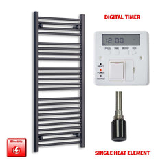 Single Heat Element + Digital Timer 600 x 1200 Flat Black Pre-Filled Electric Heated Towel Rail