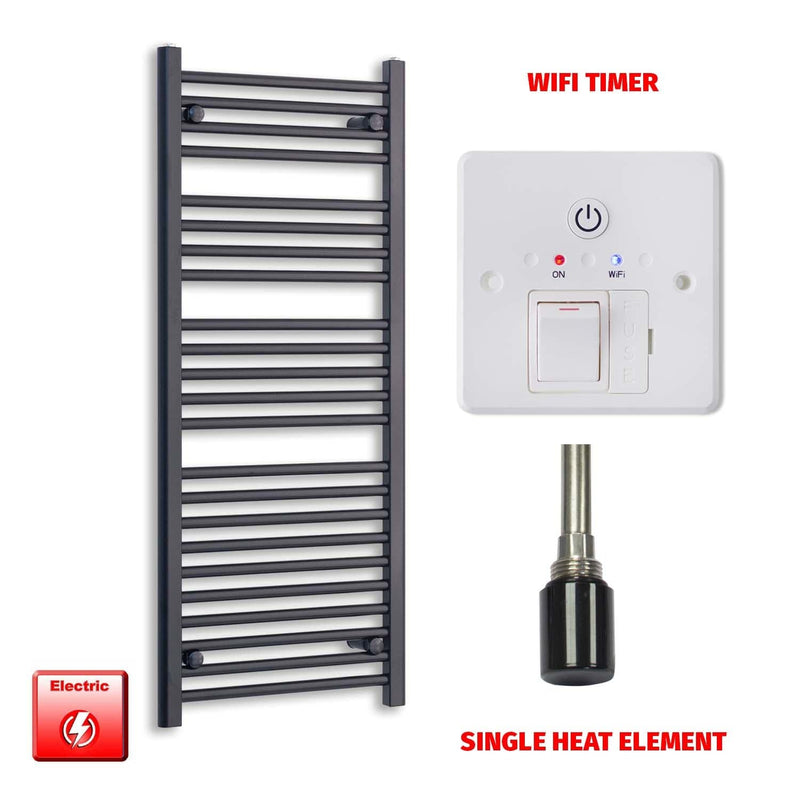 Single Heat Element + Wifi Timer 600 x 1200 Flat Black Pre-Filled Electric Heated Towel Rail