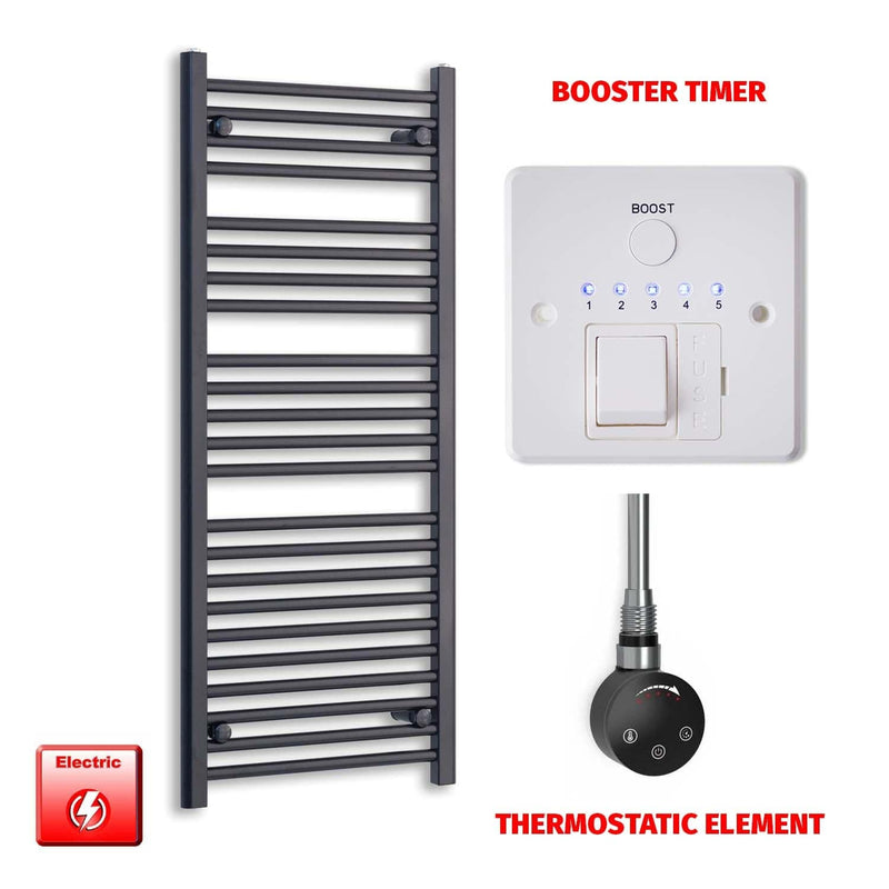 Thermostatic Element + Booster Timer 600 x 1200 Flat Black Pre-Filled Electric Heated Towel Rail