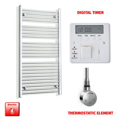 Straight / Thermostatic Element + Digital Timer 600 x 1200 Flat Chrome Pre-Filled Electric Heated Towel Rail