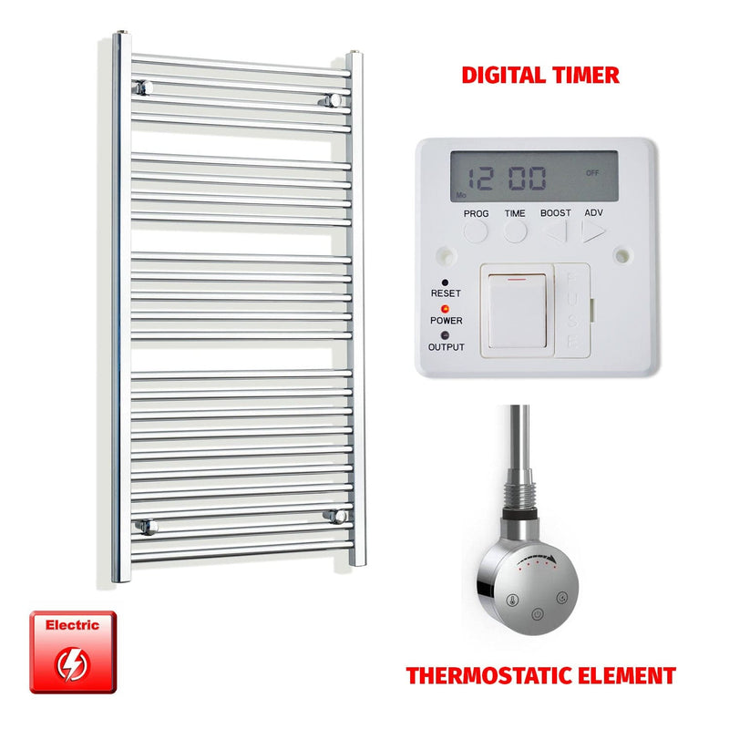 Straight / Thermostatic Element + Digital Timer 600 x 1200 Flat Chrome Pre-Filled Electric Heated Towel Rail