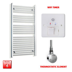 Straight / Thermostatic Element + Wifi Timer 600 x 1200 Flat Chrome Pre-Filled Electric Heated Towel Rail