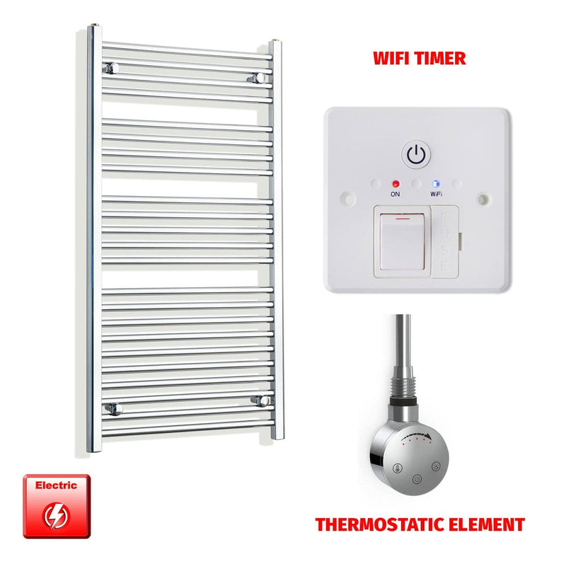 Straight / Thermostatic Element + Wifi Timer 600 x 1200 Flat Chrome Pre-Filled Electric Heated Towel Rail