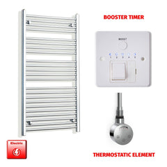 Straight / Thermostatic Element + Booster Timer 600 x 1200 Flat Chrome Pre-Filled Electric Heated Towel Rail