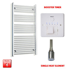 Straight / Single Heat Element + Booster Timer 600 x 1200 Flat Chrome Pre-Filled Electric Heated Towel Rail