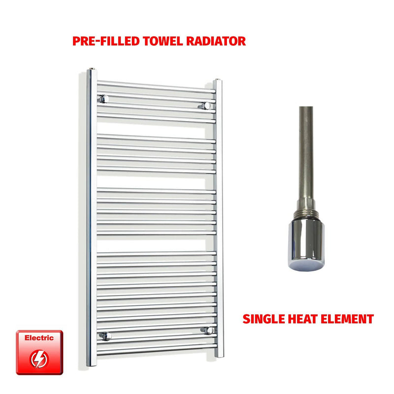 Straight / Single Heat Element 600 x 1200 Flat Chrome Pre-Filled Electric Heated Towel Rail