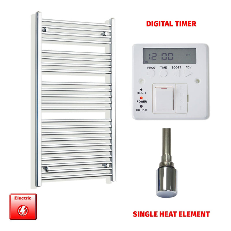 Straight / Single Heat Element + Digital Timer 600 x 1200 Flat Chrome Pre-Filled Electric Heated Towel Rail