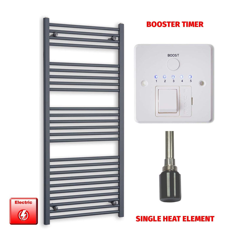 Single Heat Element + Booster Timer 600 x 1400 Flat Anthracite Pre-Filled Electric Towel Rail