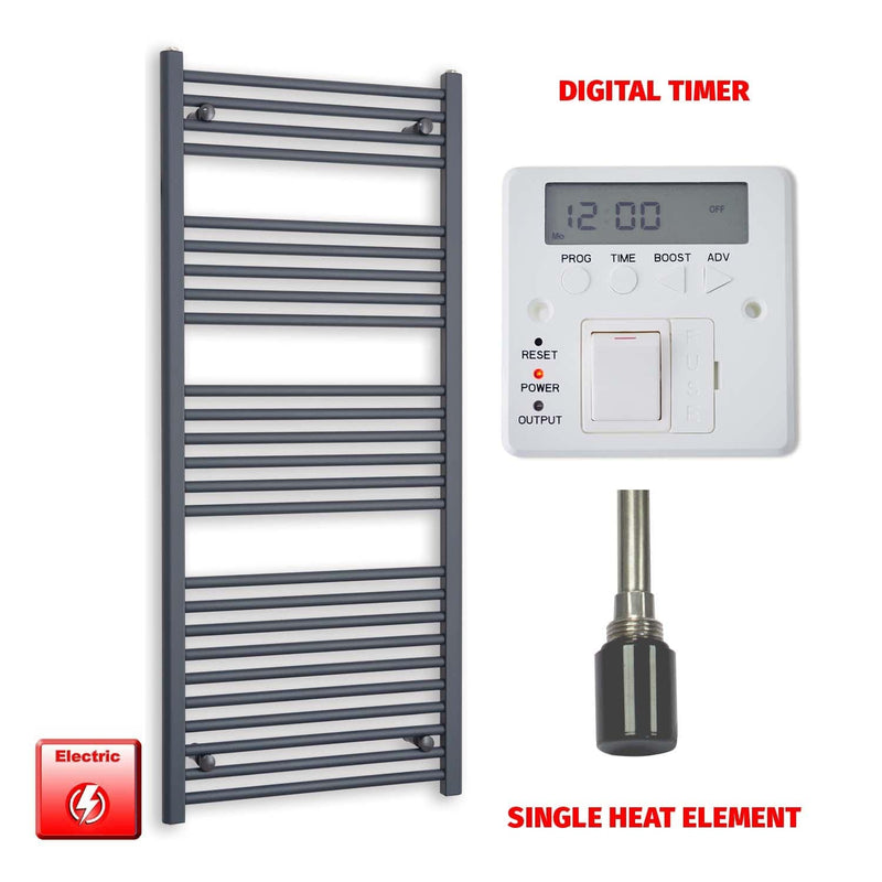 Single Heat Element + Digital Timer 600 x 1400 Flat Anthracite Pre-Filled Electric Towel Rail