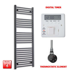 Thermostatic Element + Digital Timer 600 x 1400 Flat Black Pre-Filled Electric Heated Towel Rail