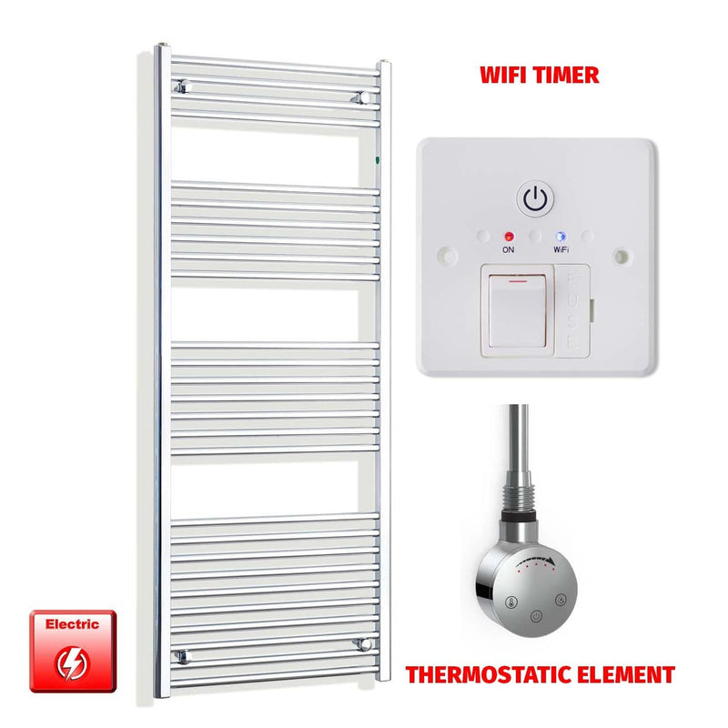 Straight / Thermostatic Element + Wifi Timer 600 x 1600 Chrome Pre-Filled Electric Heated Towel Rail HTR