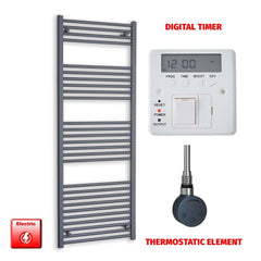 Thermostatic Element + Digital Timer 600 x 1600 Flat Anthracite Pre-Filled Electric Towel Rail