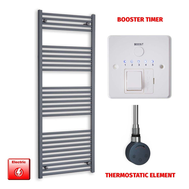 Thermostatic Element + Booster Timer 600 x 1600 Flat Anthracite Pre-Filled Electric Towel Rail