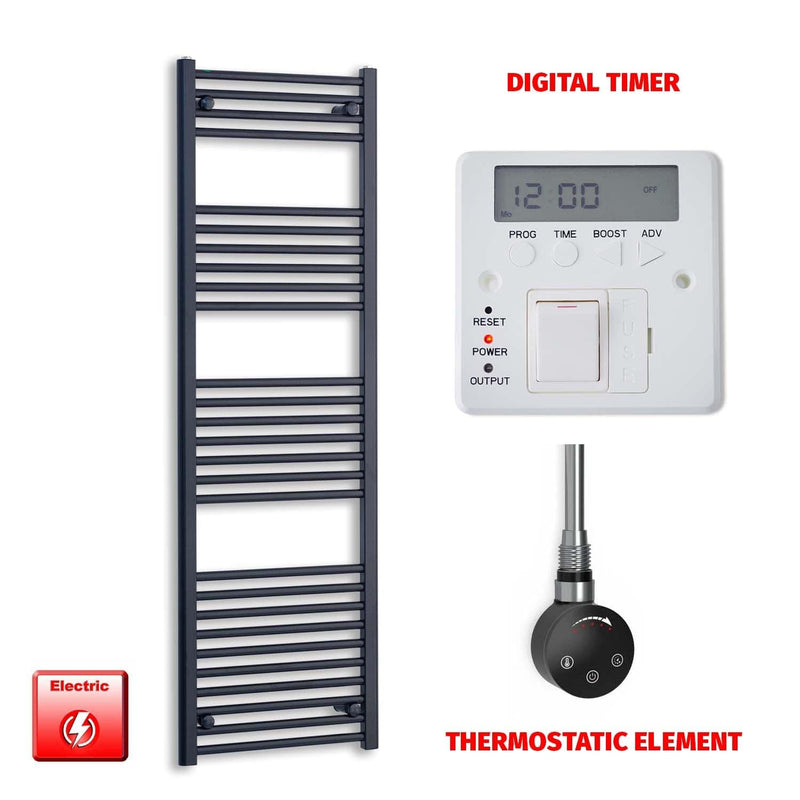Thermostatic Element + Digital Timer 600 x 1600 Flat Black Pre-Filled Electric Heated Towel Rail HTR