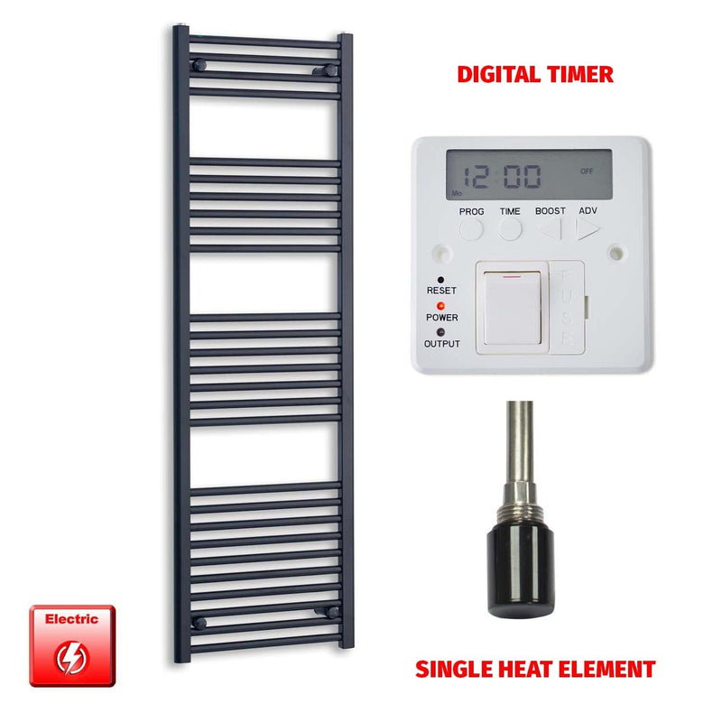 Single Heat Element + Digital Timer 600 x 1600 Flat Black Pre-Filled Electric Heated Towel Rail HTR