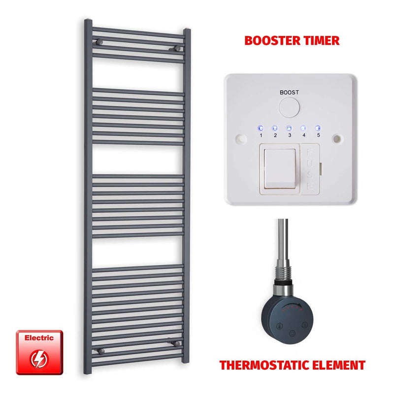 Thermostatic Element + Booster Timer 600 x 1800 Flat Anthracite Pre-Filled Electric Towel Rail