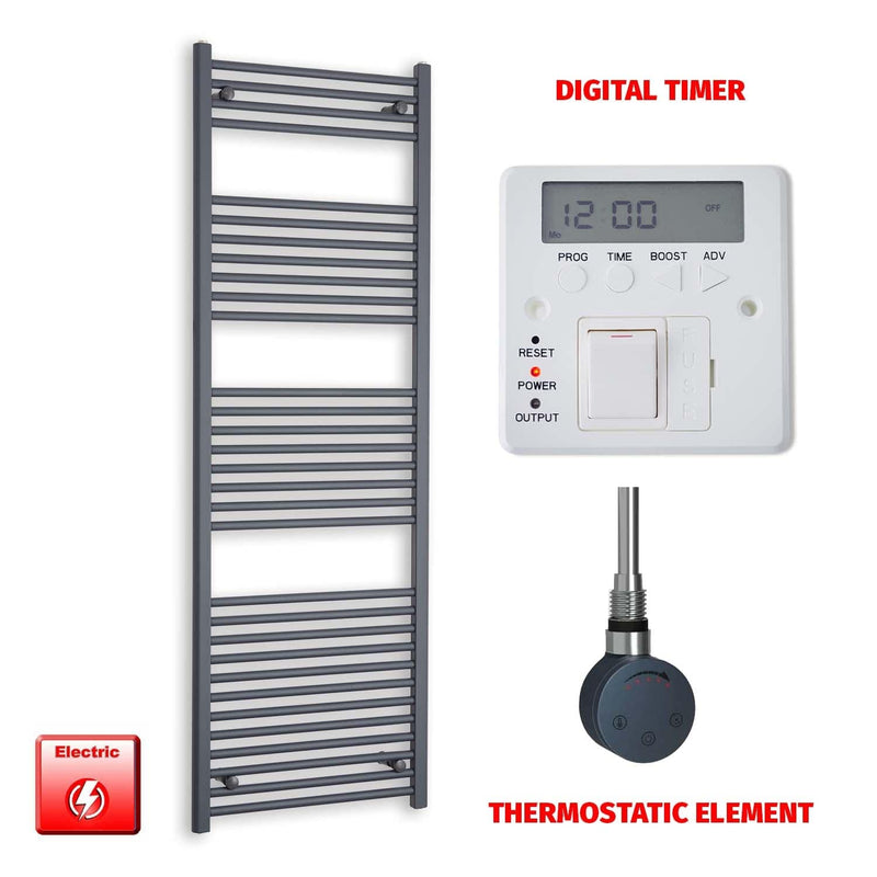 Thermostatic Element + Digital Timer 600 x 1800 Flat Anthracite Pre-Filled Electric Towel Rail