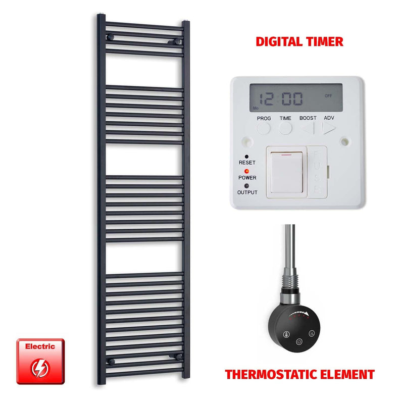 Thermostatic Element + Digital Timer 600 x 1800 Flat Black Pre-Filled Electric Heated Towel Rail