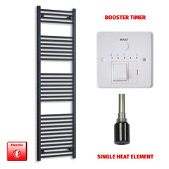 Single Heat Element + Booster Timer 600 x 1800 Flat Black Pre-Filled Electric Heated Towel Rail